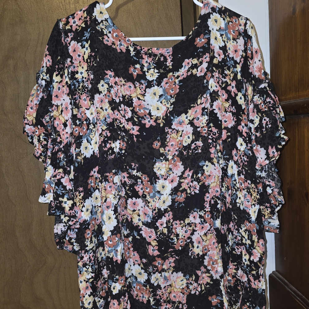 Maurices Black Floral Blouse with Ruffle Sleeves